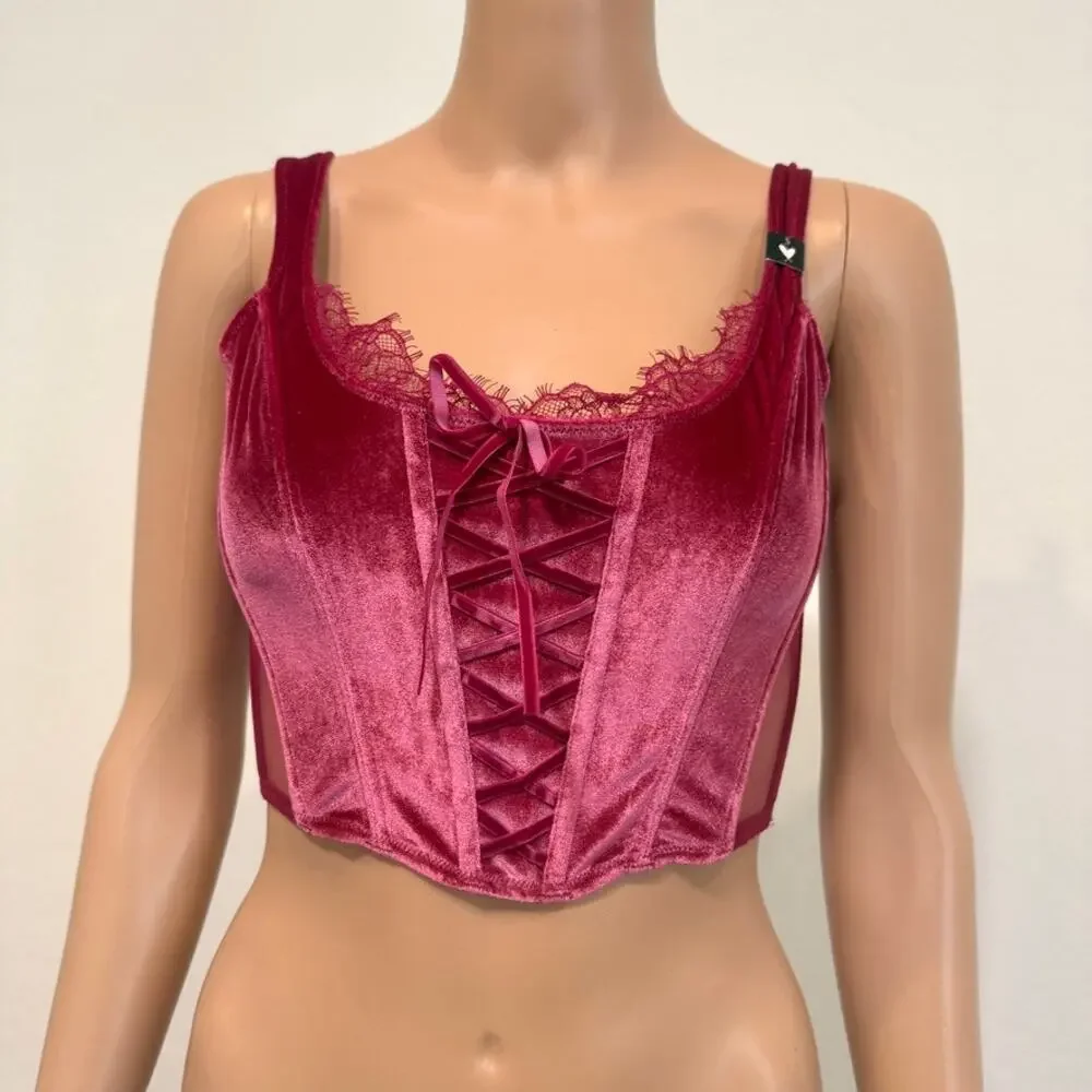 Victoria's Secret small Dream Angels faux lace up velvet corset BC 3186
